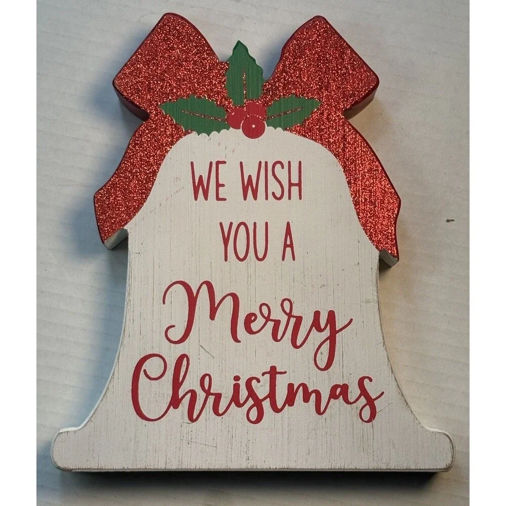 We Wish You a Merry Christmas Wooden Bell Shaped Table Top Decor Sign 8